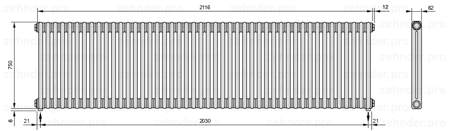 Схема (чертеж) Радиатор Zehnder Charleston 2075/46 №3570 Белый глянцевый RAL 9016